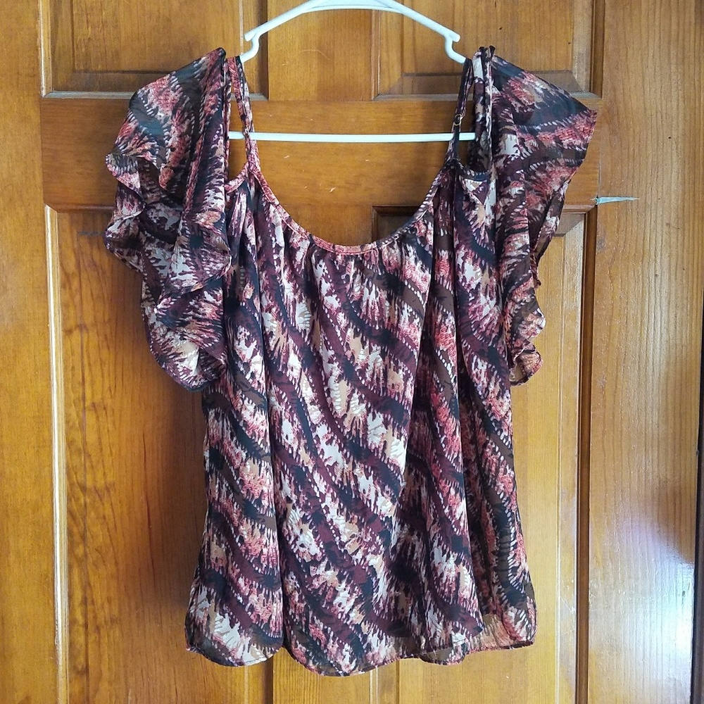 Patterned Peep Shoulder Flowy Blouse